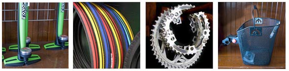 Pumps, tires, chainrings, wire basket